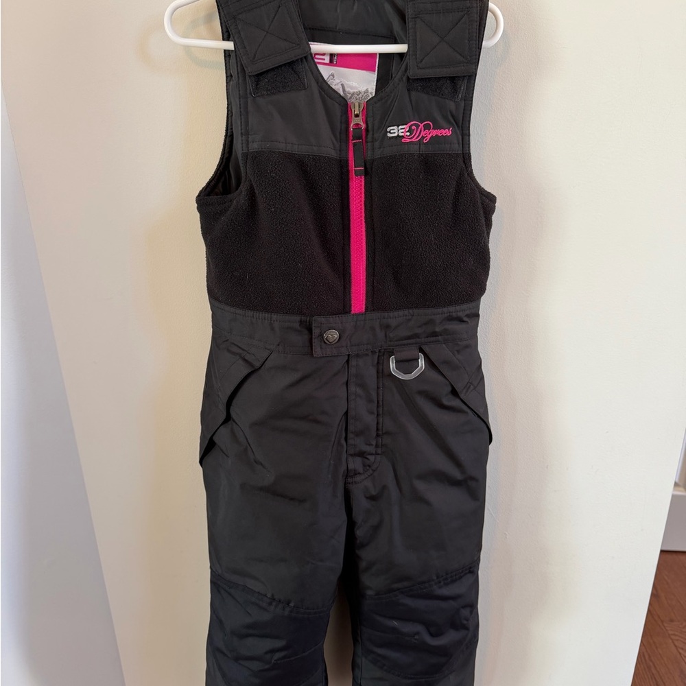 32 Degrees Black Kids Snow Overalls with Pink Zip Accent